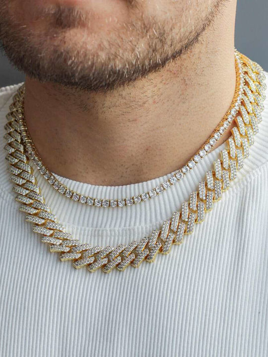 Goldsmith Iced Cuban Neck Chain Made of Gold Plated Steel Thin Thickness 5mm and Length 50cm