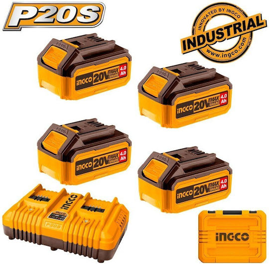 Ingco Set 4 Tool Batteries 20V Capacity 4Ah with Charger