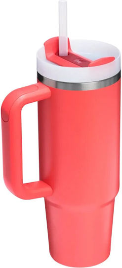 Stanley Quencher H2.0 FlowState Handled Tumbler Thermos Bottle Stainless Steel BPA Free 890ml Hot Coral With Straw And Handle