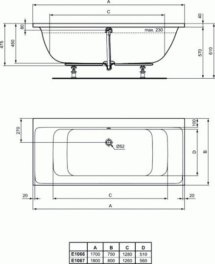 Connect Air E106701 180x80 Mπανιέρα Ορθογώνια Σχήμα Duo Ideal Standard