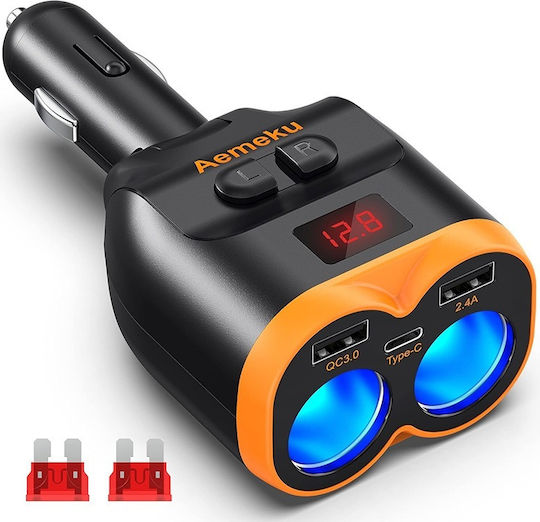 Verk Group Verk Group Autoladegerät 80W 4A Schnellladen mit 2xUSB-A 1xType-C 2xLeichter Eingebettetes Kabel und Voltmeter Schwarz
