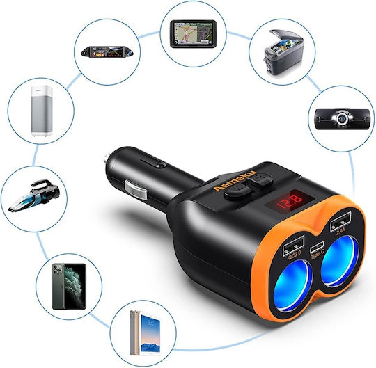 Verk Group Verk Group Autoladegerät 80W 4A Schnellladen mit 2xUSB-A 1xType-C 2xLeichter Eingebettetes Kabel und Voltmeter Schwarz