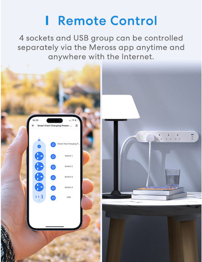 Meross Smart Power Strip 4 Positions with 1 USB-A, USB-C and Switch