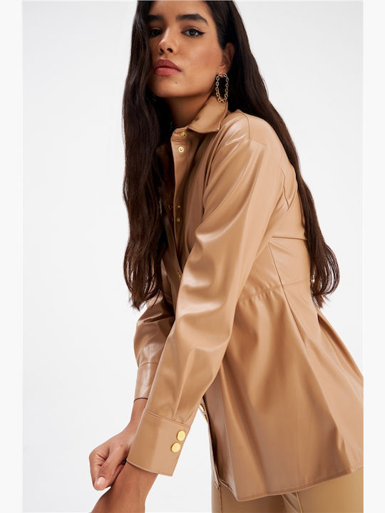 Women's Leather Long Sleeve Shirt Hazelnut