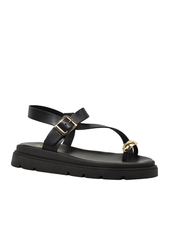 Leather Women's Flat Sandals in Black Color