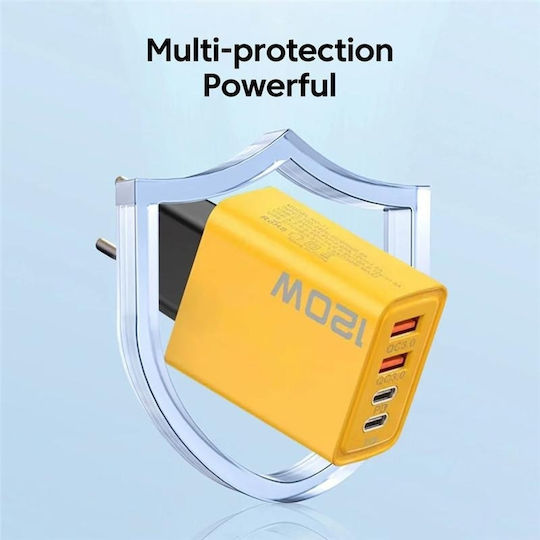 Încărcător Fără Cablu cu 2 Porturi USB-A și 2 Porturi USB-C 120W Livrarea energiei Galbenς (DPN80WYBM)