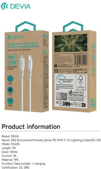 Devia USB-C zu Lightning Kabel 27W Weiß 1m