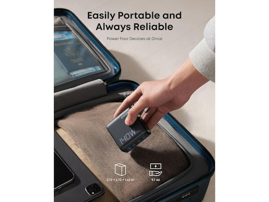 Anker Φορτιστής GaN με Θύρα USB-A και 3 Θύρες USB-C και Καλώδιο USB-C - USB-C 140W Power Delivery Μαύρος (B2697)