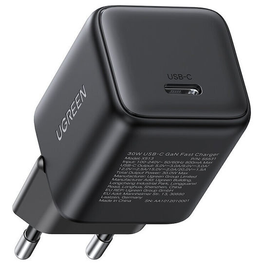 Ugreen Charger Without Cable GaN with USB-C Port 30W Power Delivery / Quick Charge 4.0 Blacks (X513)