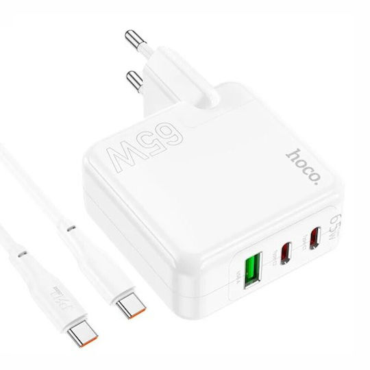 Hoco Charger with USB-A Port and 2 USB-C Ports and Cable USB-C - USB-C 100W Power Delivery / Quick Charge 3.0 Whites (C115A)