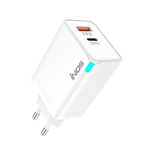 iNOS Charger Without Cable GaN with USB-A Port and USB-C Port 45W Power Delivery / Quick Charge 3.0 Whites (A116)