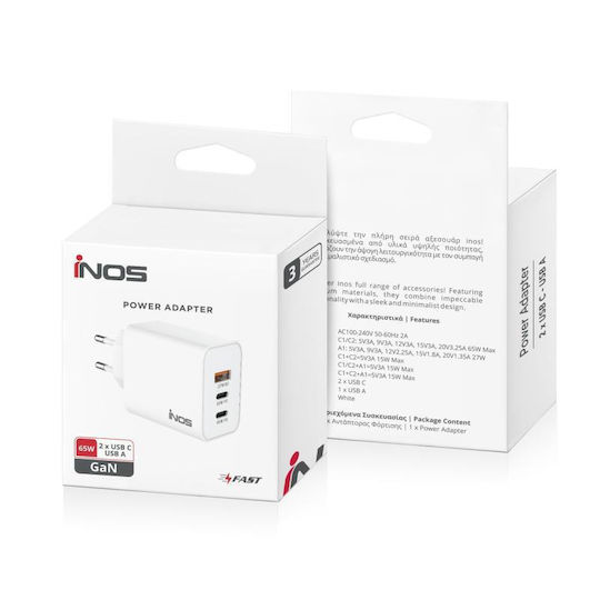 iNOS Charger Without Cable GaN with USB-A Port and 2 USB-C Ports 65W Power Delivery / Quick Charge 3.0 Whites (A112)