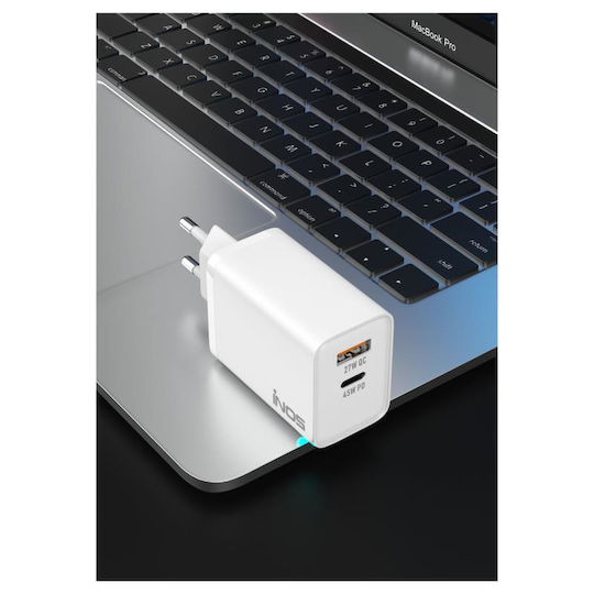 iNOS Charger Without Cable GaN with USB-A Port and USB-C Port 45W Power Delivery / Quick Charge 3.0 Whites (A116)