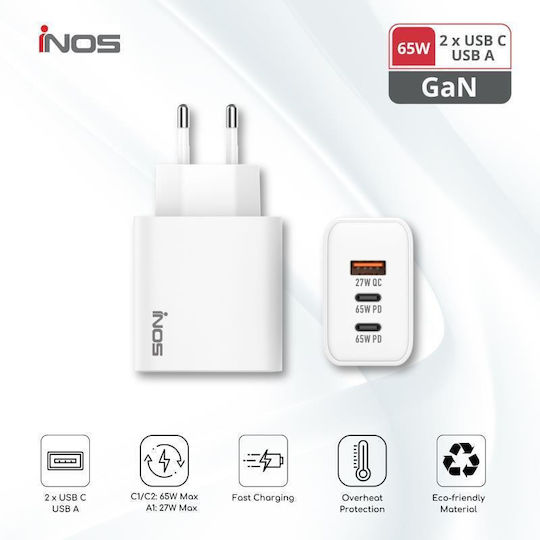 iNOS Charger Without Cable GaN with USB-A Port and 2 USB-C Ports 65W Power Delivery / Quick Charge 3.0 Whites (A112)