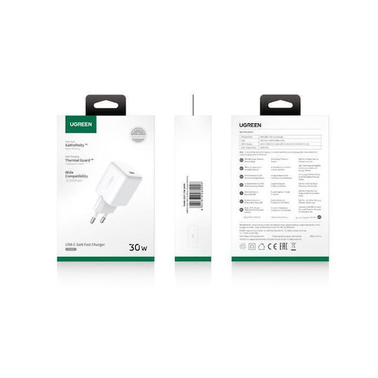 Ugreen Charger Without Cable GaN with USB-C Port 30W Power Delivery / Quick Charge 4.0 Whites (X513)