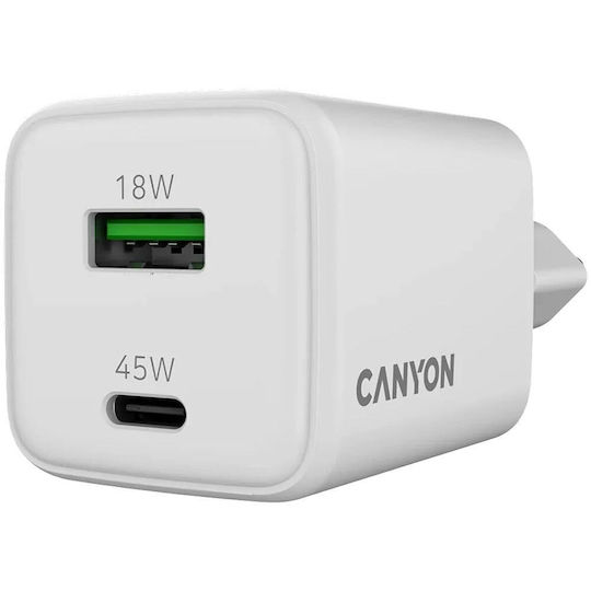 Canyon Încărcător Fără Fir GaN Cu Port USB-A Și Port USB-C 45W Livrarea Energiei Alb