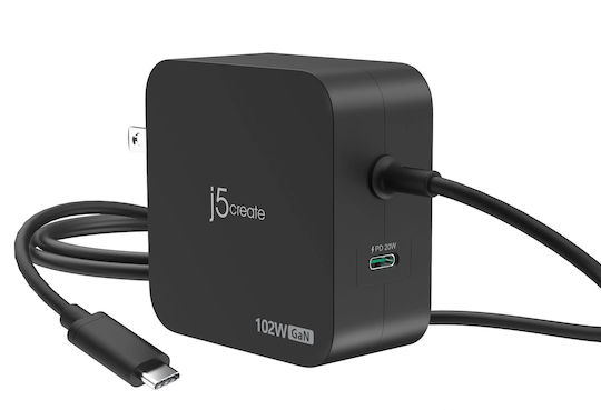 J5create Charger with Built-in Cable GaN with USB-C Port USB-C 102W Power Delivery Blacks (JUP25102V-N)