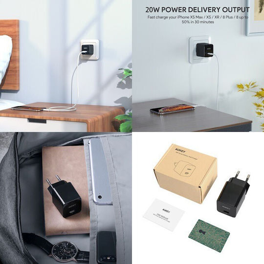 Aukey Φορτιστής Χωρίς Καλώδιο με Θύρα USB-C 20W Power Delivery Μαύρος (PA-Y20S Minima)
