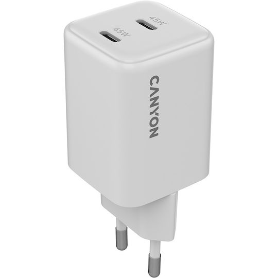 Canyon Φορτιστής Χωρίς Καλώδιο GaN με 2 Θύρες USB-C 45W Power Delivery Λευκός