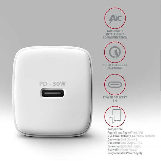 Axagon Charger Without Cable with USB-C Port 30W Power Delivery / Quick Charge 3.0 Whites