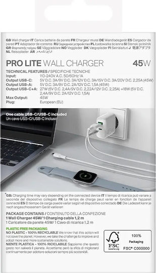 Puro Charger with USB-A Port and USB-C Port and Cable USB-C - USB-C 45W Power Delivery Whites (Prolite)