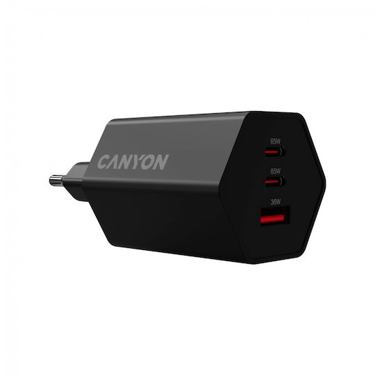 Canyon Φορτιστής Χωρίς Καλώδιο GaN με Θύρα USB-A και 2 Θύρες USB-C 65W Power Delivery Μαύρος (Hexagon 65)