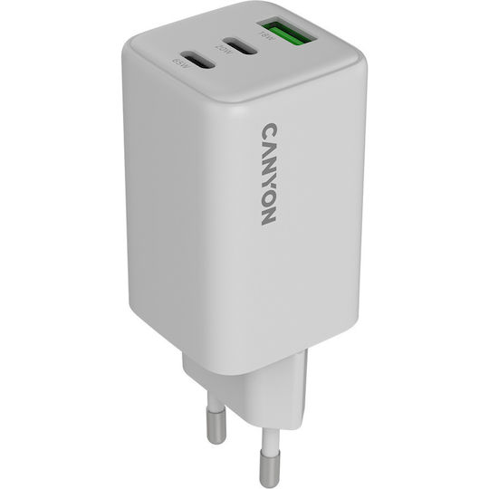 Canyon GaN Wireless Charger with USB-A Port and 2 USB-C Output Ports 65W Power Delivery White