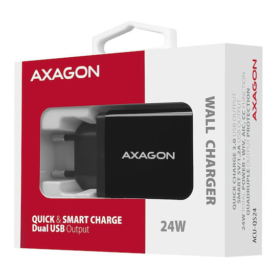 Axagon Φορτιστής Χωρίς Καλώδιο με 2 Θύρες USB-A Quick Charge 3.0 Μαύρος (ACU-QS24)