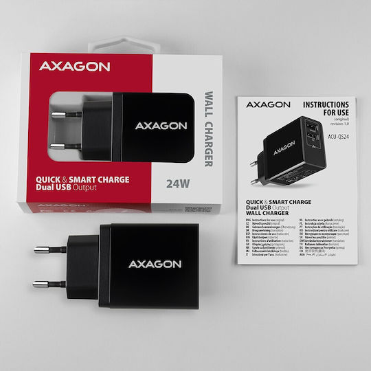 Axagon Φορτιστής Χωρίς Καλώδιο με 2 Θύρες USB-A Quick Charge 3.0 Μαύρος (ACU-QS24)