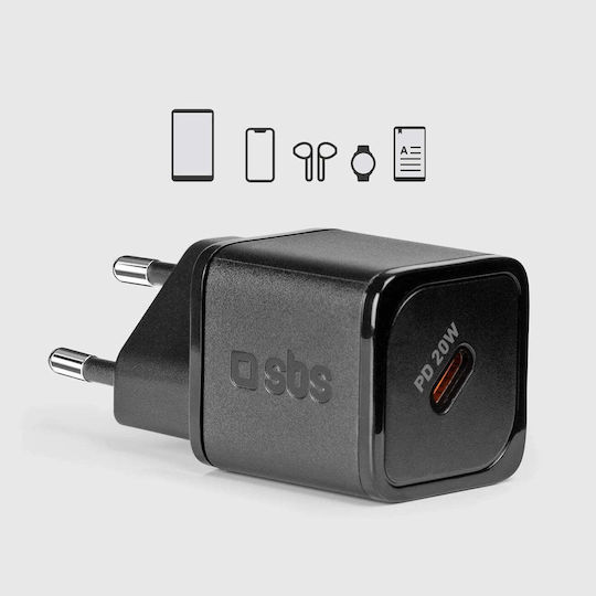SBS Φορτιστής Χωρίς Καλώδιο GaN με Θύρα USB-C 20W Power Delivery Μαύρος (TRGAN1C20K)