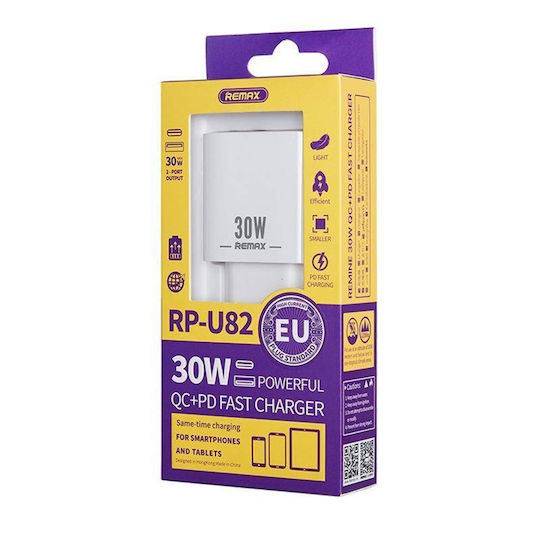 Remax Ladegerät ohne Kabel mit USB-A Anschluss und USB-C Anschluss 30W Stromlieferung Weißs (RP-U82)