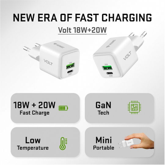 Yenkee Charger Without Cable GaN with USB-A Port and USB-C Port 38W Power Delivery / Quick Charge 4.0 Whites (YAC G38)