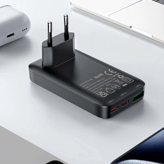 Acefast Φορτιστής Χωρίς Καλώδιο GaN με Θύρα USB-A και 2 Θύρες USB-C 65W Power Delivery / Quick Charge 4+ Μαύρος (A100)
