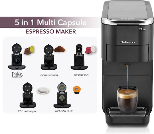 Rohnson Multicapsule 5 in 1 Automatic Espresso Machine 1545W 20bar Pressure Black R-98055