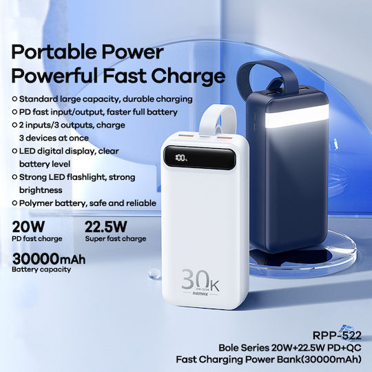 Remax RPP-522 Bole Series Power Bank 30000mAh 22.5W with 2 USB-A Ports and USB-C Port Power Delivery Blue