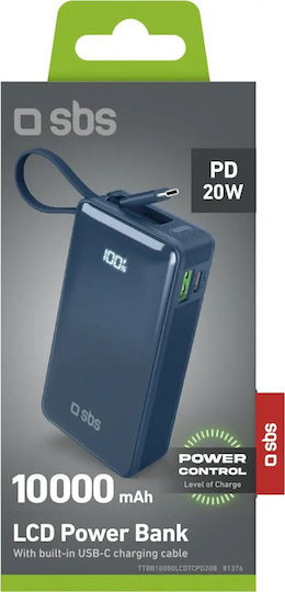 SBS Power Bank 10000mAh 22.5W με Θύρα USB-A και Θύρα USB-C Power Delivery Μπλε