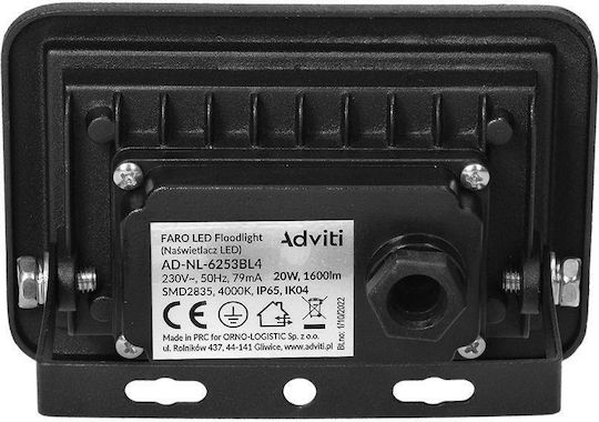 Orno Αλουμίνιο + Στεγανός Προβολέας LED 20W Φυσικό Λευκό 4000K IP65