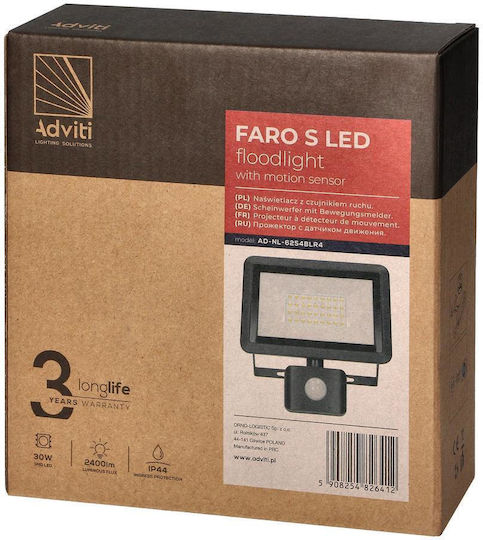 Orno Στεγανός Προβολέας LED 30W Φυσικό Λευκό 4000K με Αισθητήρα Κίνησης IP44