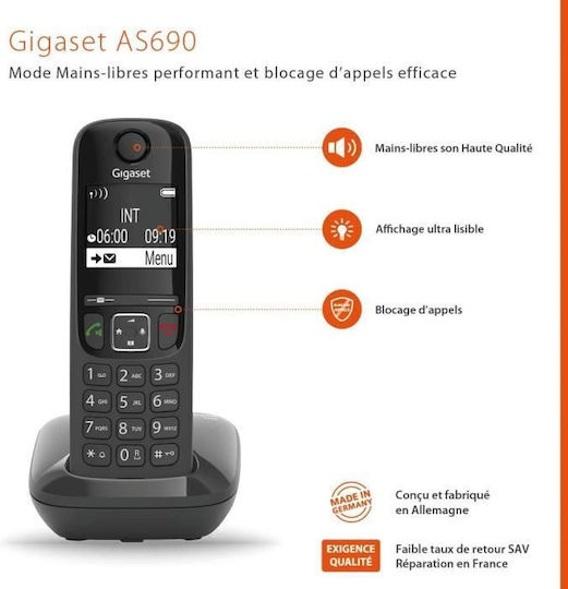 Gigaset AS690 Ασύρματο Τηλέφωνο Trio με Ελληνικό Μενού Μαύρο