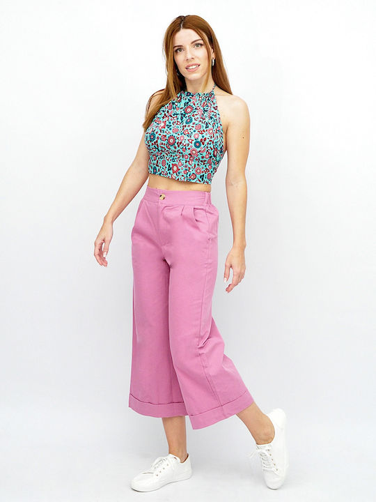 Damen Stoff Capri Hose mit Gummiband in Gerader Bein Stil Rosa