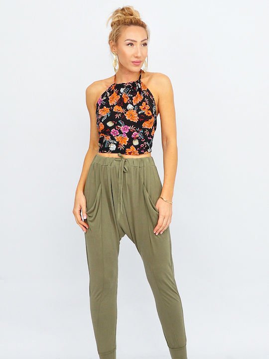 Damen Stoff Hose mit Gummizug Khaki