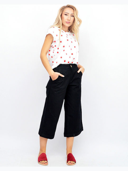 Damen Stoff Capri Hose mit Gummizug in Geradem Schnitt Black