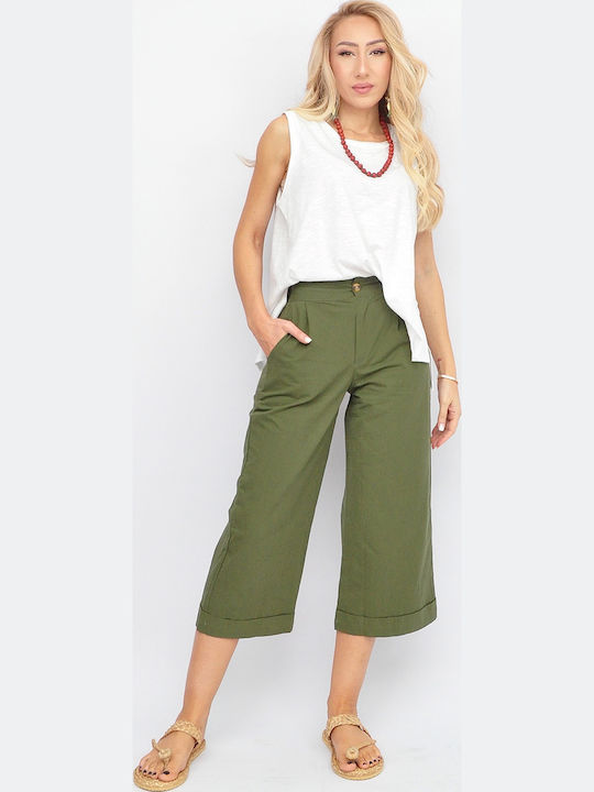Damen Stoff Capri Hose mit Gummizug in Geradem Schnitt Khaki