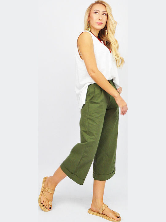 Damen Stoff Capri Hose mit Gummizug in Geradem Schnitt Khaki