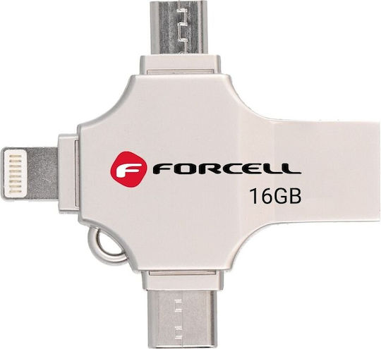 Forcell 16GB USB 3.2 Stick mit Verbindung Blitzschlag,USB-A & USB-C Silber