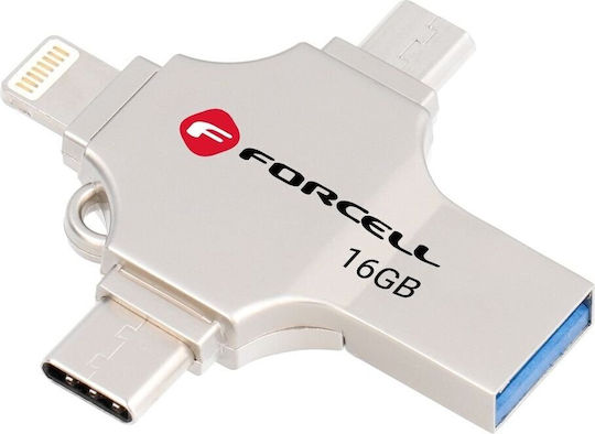 Forcell 16GB USB 3.2 Stick mit Verbindung Blitzschlag,USB-A & USB-C Silber