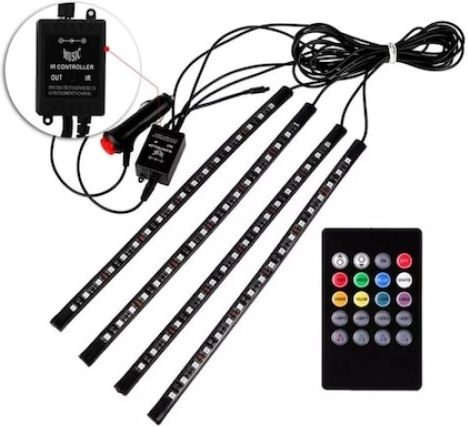 Set 4 Benzi Iluminat Ambiental Auto Foxmag24 Telecomandă Intensitate Reglabilă 12 Led