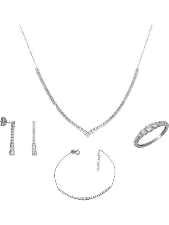 Set mit Halskette , Ohrringe & Ring aus Weißgold 9K mit Steinen