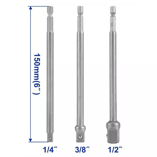 Wadfow Set Adaptoare Lungi 150mm 1/4" 3/8" 1/2" 3 Bucăți Wsv4k03