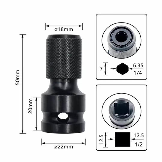 Adapter Pneumatic with Socket 1/2'' / 1/4'' / HEX and Output Bit Holder / 1/4''